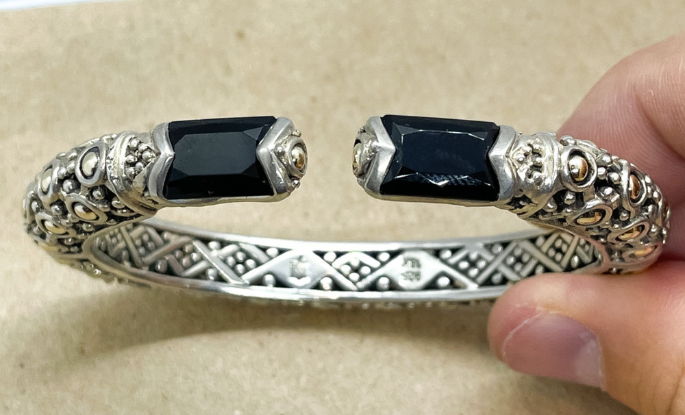 John Hardy Silver & 18K Gold Onyx Jaisalmer Wheat Dot Bangle Bracelet 6.5"
